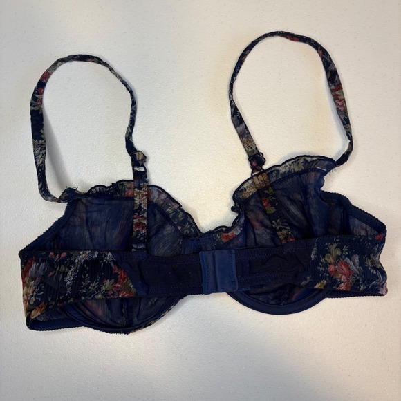 Vintage Victorias Secret Gold Label Floral Mesh Ruffle Underwire Bra Navy 36C - Picture 2 of 5